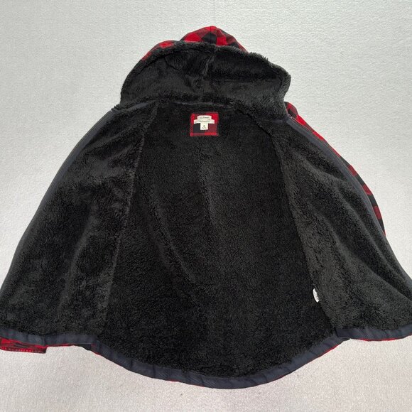LL Bean Relaxed Fit Flannel Shacket Sherpa Lined Red/Black Plaid Hoodie Medium - Picture 11 of 12